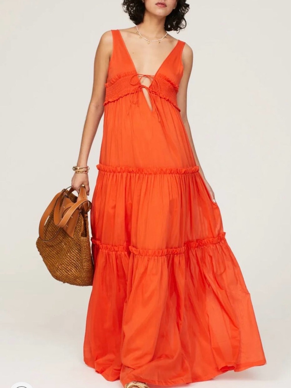 NICHOLAS Flowy Orange V-Neck Maxi Dress with Tiered Skirt | 2 *mended flaw*